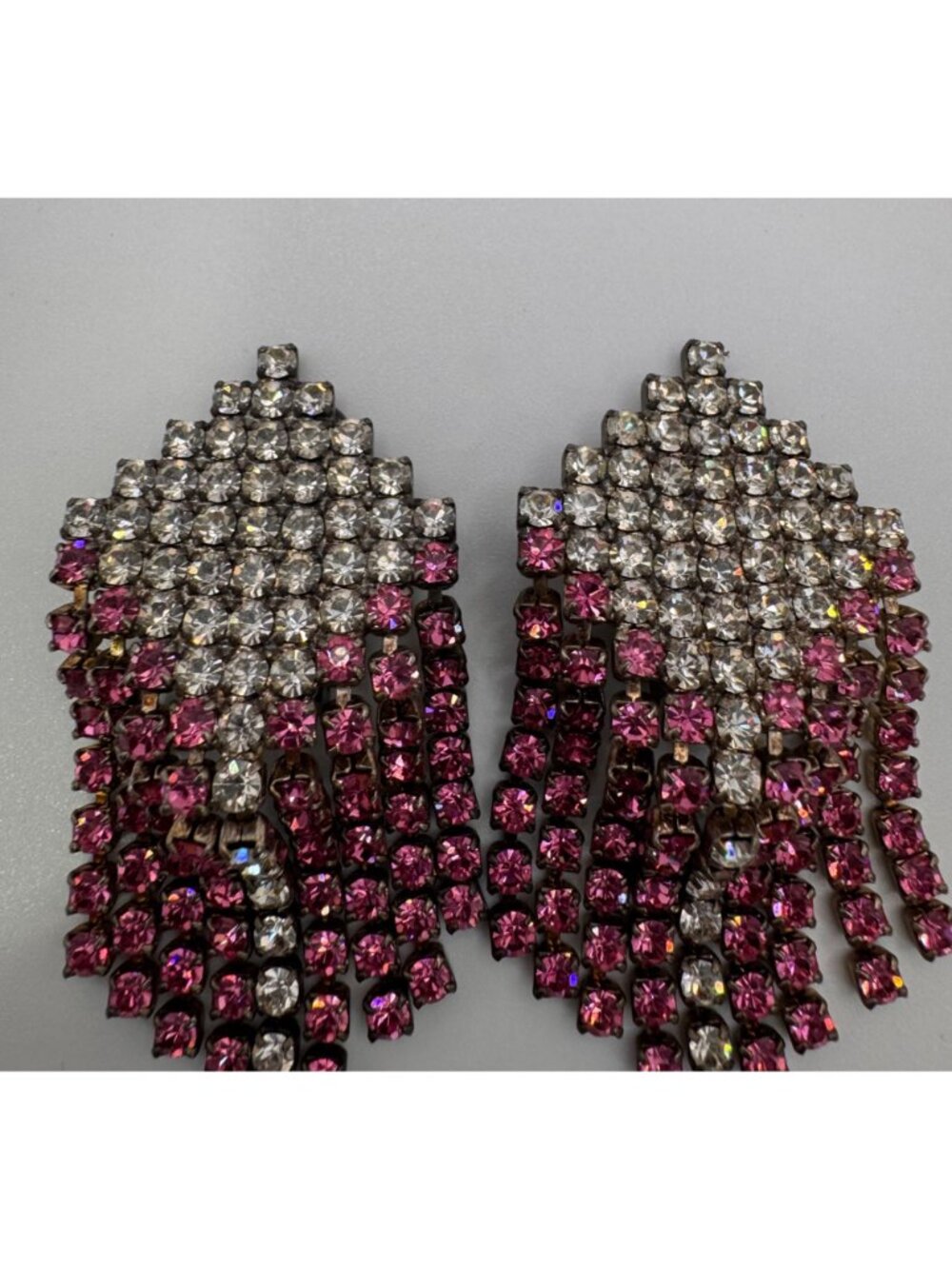 Vintage Pink Clear Rhinestone Fringe Earrings Dangle Clip On Pat 27133491 - Picture 5 of 12